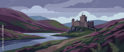Flat vector illustration of a traditional Scottish Highland landscape with a medieval stone castle on a cliff overlooking a winding river and hills covered in purple heather under a cloudy sky.