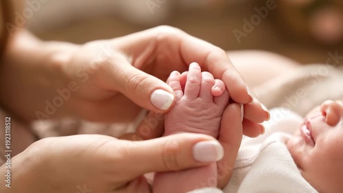 Mother gently holding newborn baby's hand in warm interior setting  