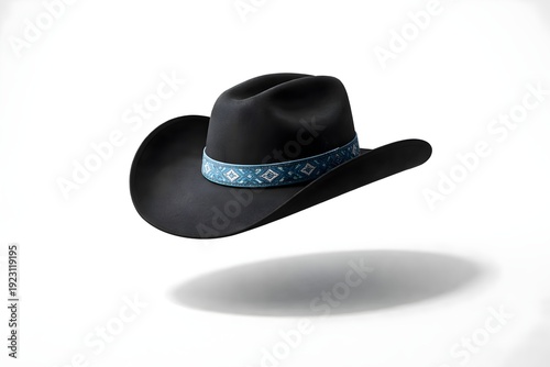Stylish black cowboy hat featuring a distinctive turquoise patterned woven hat band floats against white