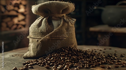 A photo of coffee beans in a cloth bag