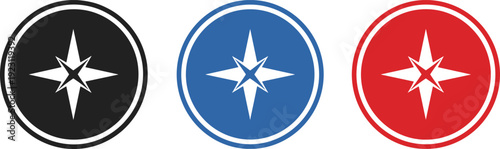 Compass star navigation badge vector icons in multiple colors representing direction guide travel map symbol and location interface design elements