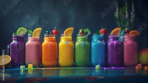 A photo of colorful fruit smoothies in glass