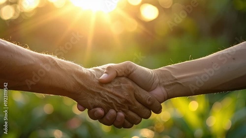 Generational handshake in golden sunlight symbolizing trust and partnership