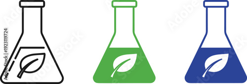 Eco laboratory flask icon set with leaf symbol representing green chemistry science research sustainability environmental innovation and biotechnology concepts