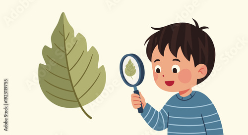 Boy Examining Leaf with Magnifying Glass.