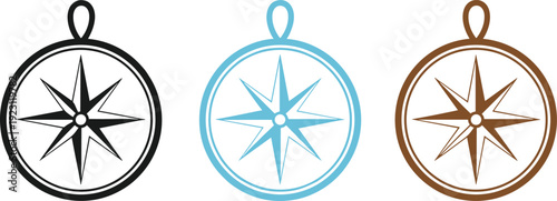 Compass navigation icon set with vintage wind rose symbol in multiple colors representing direction travel exploration and adventure map design elements