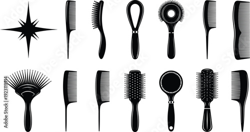 Black Silhouette Set of Professional Hair Brushes and Combs for Beauty Salon Barbershop Grooming and Hairstyling Accessories Isolated on White Background Vector Collection