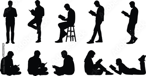 Black vector silhouettes set of people reading books in various poses including standing sitting and lying down isolated on white for education and library projects