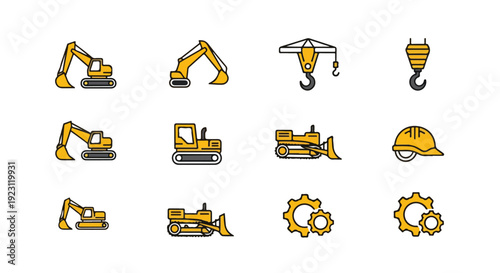 Flat lay of construction icons including excavators, cranes, and safety gear on a white background with a technical and industrial mood.