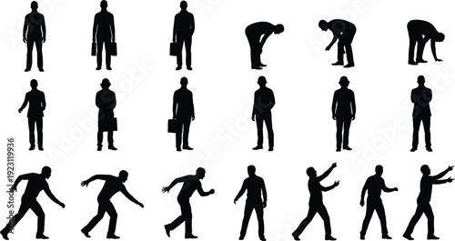 Black vector silhouettes set of professional men in various poses including standing walking pointing and bending isolated on white for corporate and lifestyle projects