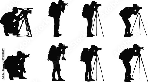 Black vector silhouettes set of professional photographers and videographers with cameras tripods and backpacks isolated on white for media and travel photography design projects