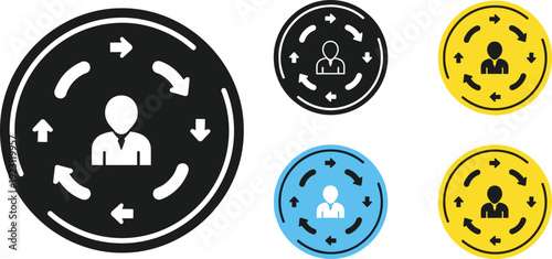 Customer journey process icon set with user avatar and circular arrows representing workflow management business cycle strategy and continuous improvement concepts