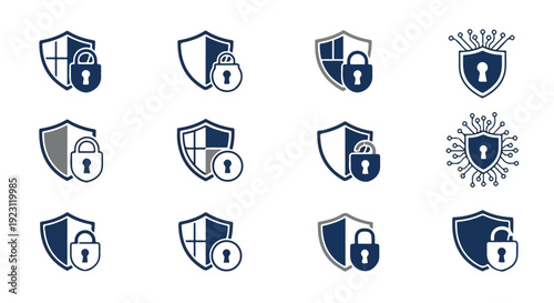 Collection of blue shield and lock icons on a white background, with various security symbols.
