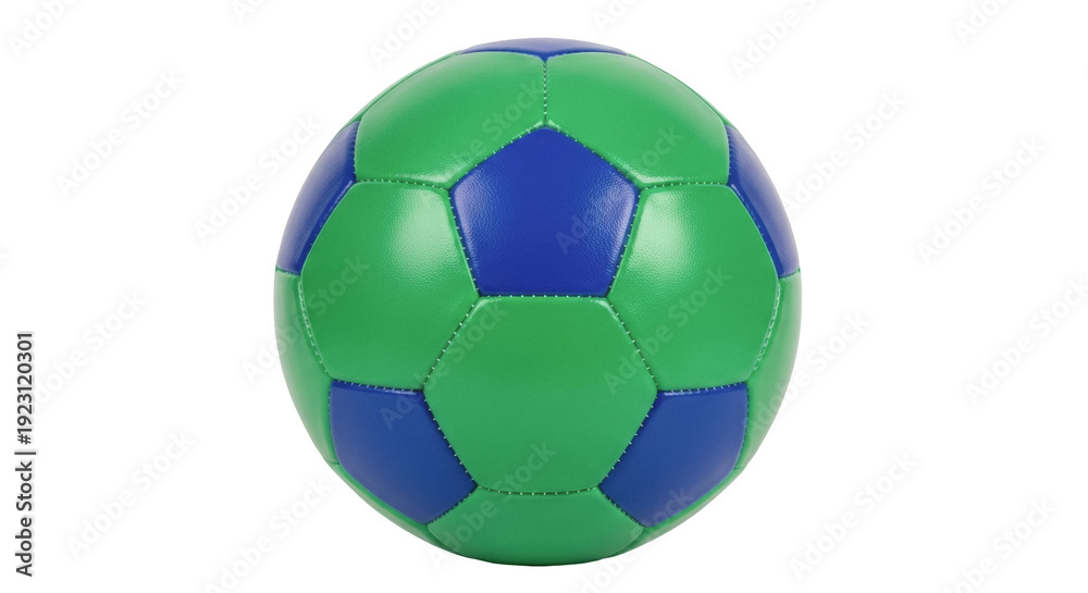 Fototapeta premium Green and blue soccer ball PNG isolated on transparent background, sports equipment for kids and adults, team sport