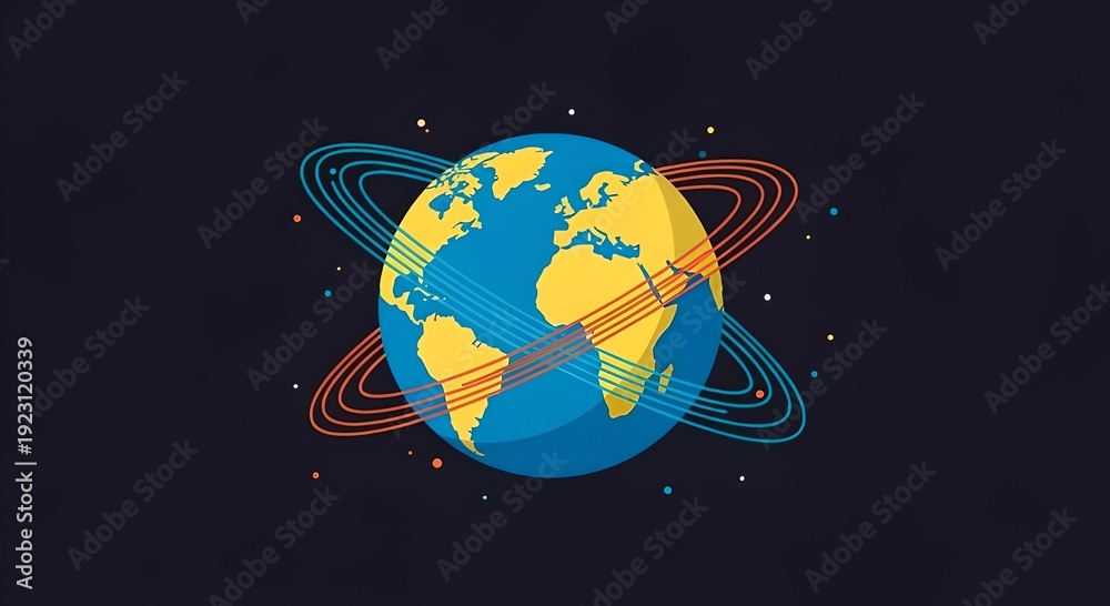 Naklejka premium Conceptual illustration of a connected world, featuring a stylized Earth orbited by dynamic rings, symbolizing global communication, digital networking, and technological advancement across continents