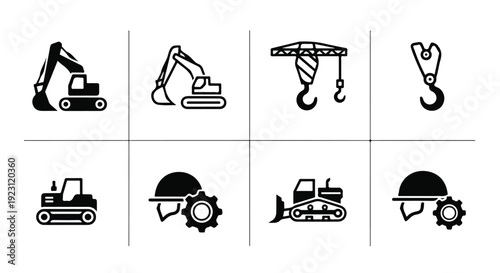 Flat lay of eight black construction icons on a white background, featuring excavators, cranes, and hard hats in a grid layout with a minimalist style.