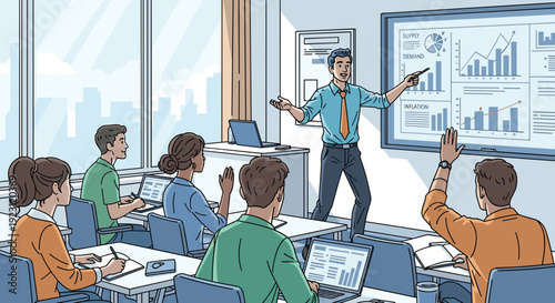 Businessman presenting data to students in classroom 1.