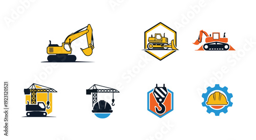 Flat lay of construction icons including excavators, a hard hat, and safety gear on a white background with a mix of yellow, orange, and blue colors.
