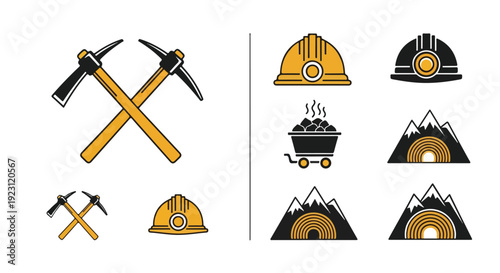 Flat lay of mining icons including pickaxes, hard hats, and mine entrances on a white background with a yellow and black color scheme.