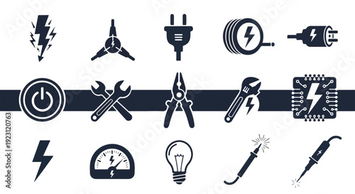 Flat lay of various electrical and tool icons on a clean white background with a dark blue stripe.
