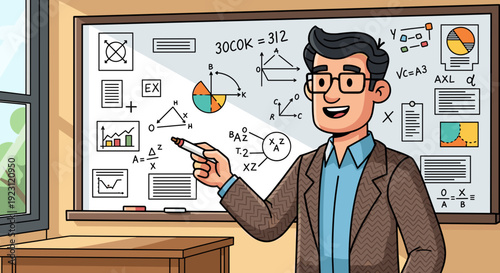 Cartoon man explaining data on whiteboard.
