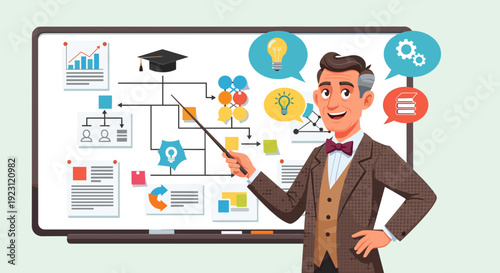 Cartoon Man Presenting Business Strategy on Screen.