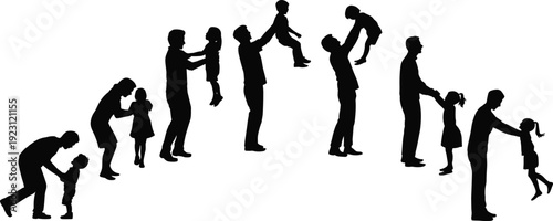 Happy family silhouettes collection with parents and children jumping, playing and holding hands, joyful parenting and childhood activity concept