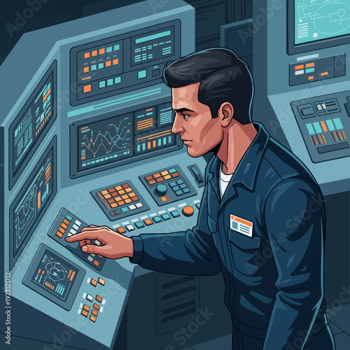 Man Operating Complex Control Panel with Multiple Screens.