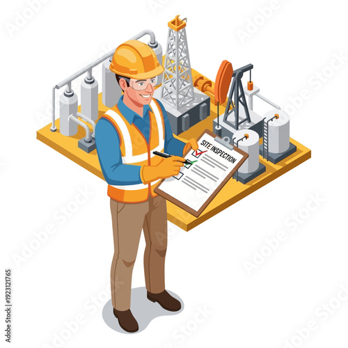 Oil worker in hard hat and safety vest checking clipboard on oil rig platform.