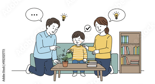 Family Planting Together in Living Room.