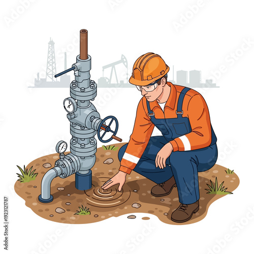 Oil worker inspecting wellhead equipment on an oil field.