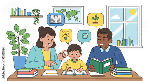 Family Reading and Learning Together at Home.