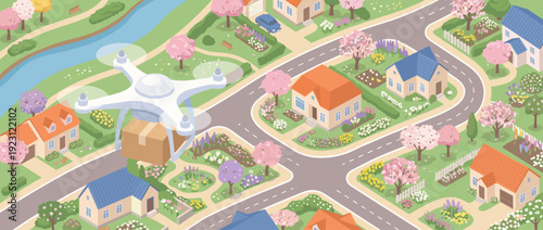 Flat vector illustration of a white delivery drone carrying a cardboard box package over a beautiful suburban neighborhood with colorful houses, blooming cherry blossom trees, and lush gardens.