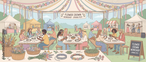 Flat Vector Illustration of a Spring Flower Crown Making Workshop at an Outdoor Festival; Diverse People Crafting Floral Wreaths under a Decorated Tent with Live Music, Baskets of Flowers, Boho.