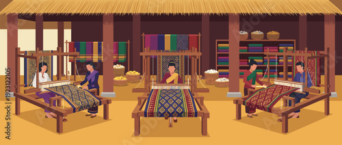 Flat vector illustration of a traditional Southeast Asian silk weaving workshop with artisans working on wooden looms, vibrant handwoven textiles, silk cocoons, and cultural craft heritage.