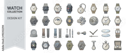 Vector Icon Set of 28 Watch Collection and Timepiece Items in Flat Design; Includes Analog, Digital, Smartwatches, Pocket Watches, Straps, Gears, Repair Tools, Buckles, and Luxury Storage Boxes.