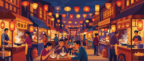 Flat Vector Illustration of a Bustling Asian Night Market with Glowing Lanterns, Street Food Stalls, People Eating Noodles, and Vendors Cooking in a Vibrant, Warm, and Colorful Urban Atmosphere
