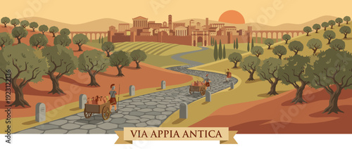 Scenic flat vector illustration of the ancient Roman road Via Appia Antica through olive groves towards a distant city with temples and aqueducts under a warm sunset sky with soldiers and carts.