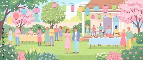Flat vector illustration of a festive spring garden party with diverse people mingling outdoors, colorful paper lanterns, buffet tables with food, blooming cherry blossom trees, and a house.