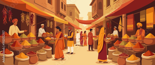 Flat Vector Illustration of a Traditional Indian Spice Market with Colorful Powder Displays, Merchants in Ethnic Clothing, and a Vibrant Street Scene with Sacks of Aromatic Seasonings and Herbs
