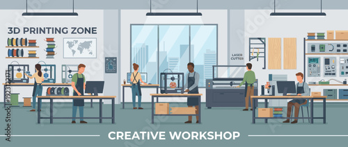 Modern Creative Workshop and Makerspace Flat Vector Illustration Featuring 3D Printing Zone, Laser Cutters, and Engineers Working on Innovative Prototypes in a High-Tech Laboratory Environment