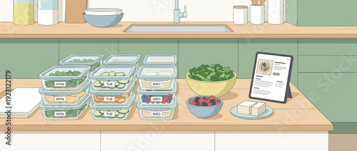 Modern flat vector illustration of a kitchen counter with organized meal prep glass containers labeled for the week, fresh salad, berries, tofu, and a tablet showing a healthy recipe plan.