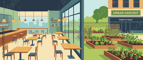 Modern Urban Farm-to-Table Restaurant Illustration Featuring a Stylish Interior with Dining Tables and an Adjacent Outdoor Kitchen Garden with Raised Vegetable Beds for Sustainable Dining.