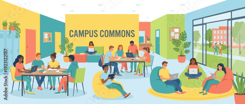 Modern Campus Commons Flat Vector Illustration Featuring Diverse Students Studying in a Vibrant Common Room, Using Laptops on Bean Bags, Collaborating at Tables, and Relaxing in a Dorm Lounge.