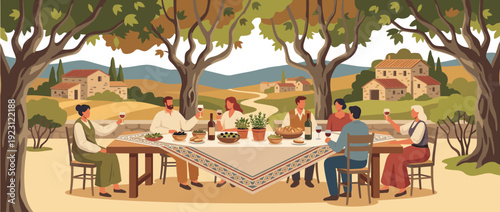 Traditional Provencal outdoor dining scene with people enjoying wine and food at a long table under olive trees in a Mediterranean landscape with rustic stone houses, flat vector illustration.