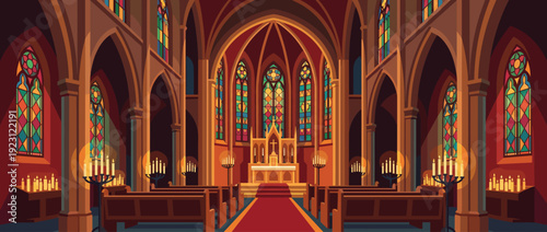 Flat vector illustration of a traditional candlelit cathedral interior with colorful stained glass windows, wooden pews, red carpet aisle, altar with cross, and gothic architectural arches.