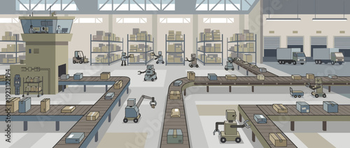 Modern automated logistics fulfillment center with robotic arms, conveyor belts, and autonomous mobile robots sorting boxes in a large industrial warehouse for efficient supply chain management.