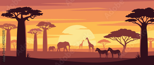 Flat Vector Illustration of a Traditional African Savanna Sunset Landscape with Baobab Trees, Acacia, Elephants, Giraffes, and Zebras Silhouettes in Warm Orange and Yellow Tones for Safari Theme.
