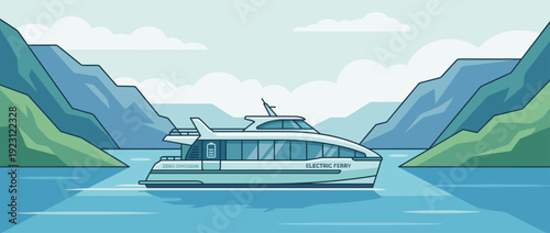 Modern Electric Ferry with Zero Emission Technology Crossing a Scenic Fjord Surrounded by Majestic Mountains, Flat Vector Illustration of Sustainable Water Transportation and Eco-Friendly Travel