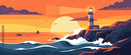 Flat vector illustration of a scenic lighthouse standing on rocky cliffs at sunset with crashing ocean waves, a large sun, seagulls, and distant boats in a vibrant orange and purple coastal sky.